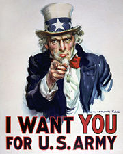 J. M. Flagg's 1917 poster, based on the original British Lord Kitchener poster of three years earlier, was used to recruit soldiers for both World War I and World War II. Flagg used a modified version of his own face for Uncle Sam, and veteran Waltr Botts provided the pose.